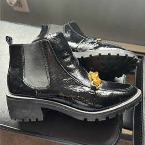 Tory Burch-Black Patent Leather Ankle Boots with Gold Accent